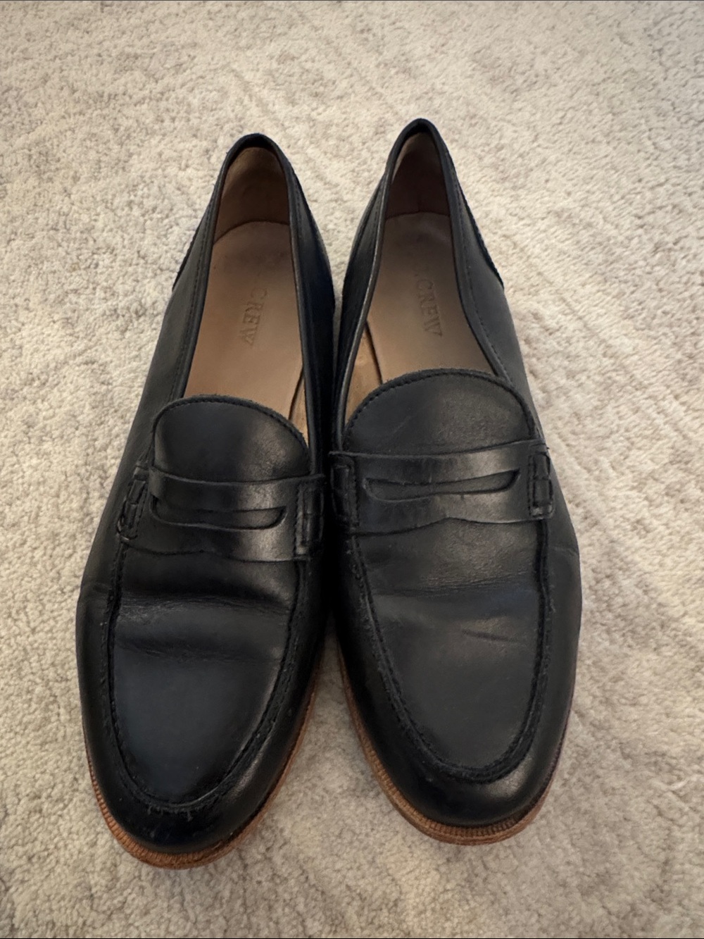 J. Crew Black Leather Penny Loafers with Brown Outsole